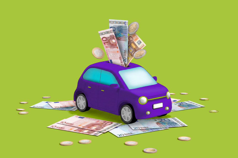 Purple car surrounded by banknotes & coins, as well as banknotes going into the car through the sunroof