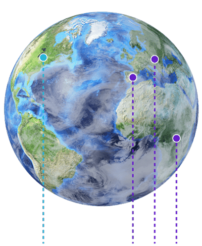 A globe with vertical lines indicating travel connections across different continents