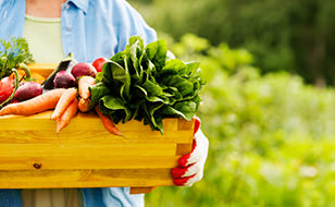 woman holding box of vegetables