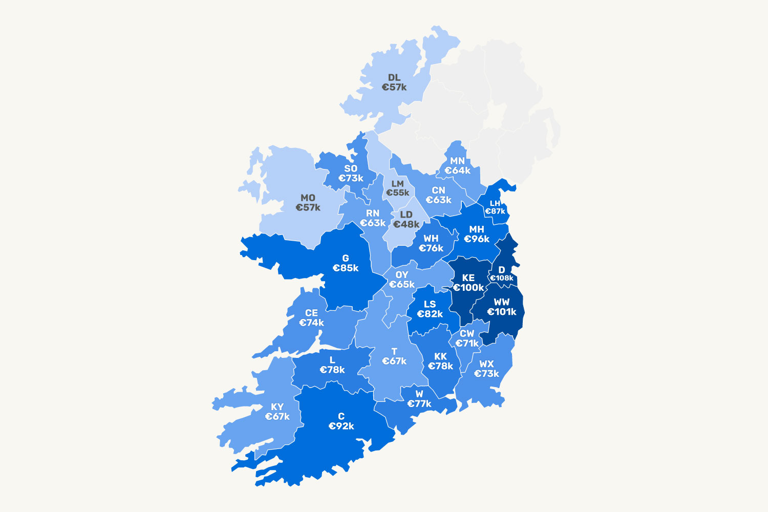 Map of Ireland shading each county by the annual salary a first-time buyer needs to buy a home, ranging from €48,000 in Longford to €108,000 in Dublin.