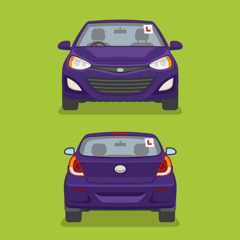 Illustration showing where to place L plates on the front and rear windscreen of a car in Ireland
