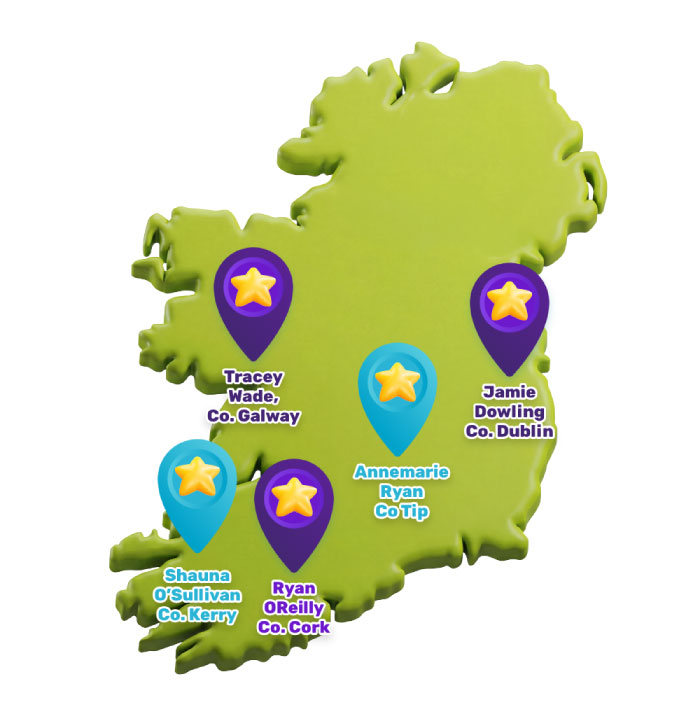 Map of Ireland marking the locations of the five Chill Blue Monday Giveaway winners