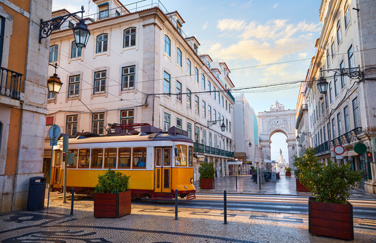 Traditional yellow tram in Lisbon